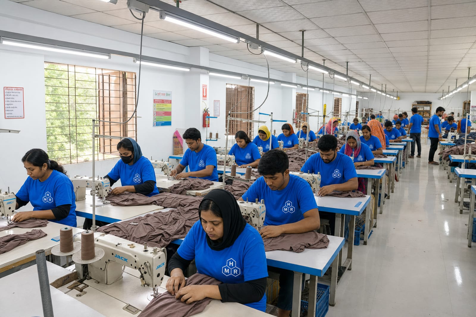 H & MR Supply Chain garments factory — sewing team in H&MR uniform T-shirts at the production line