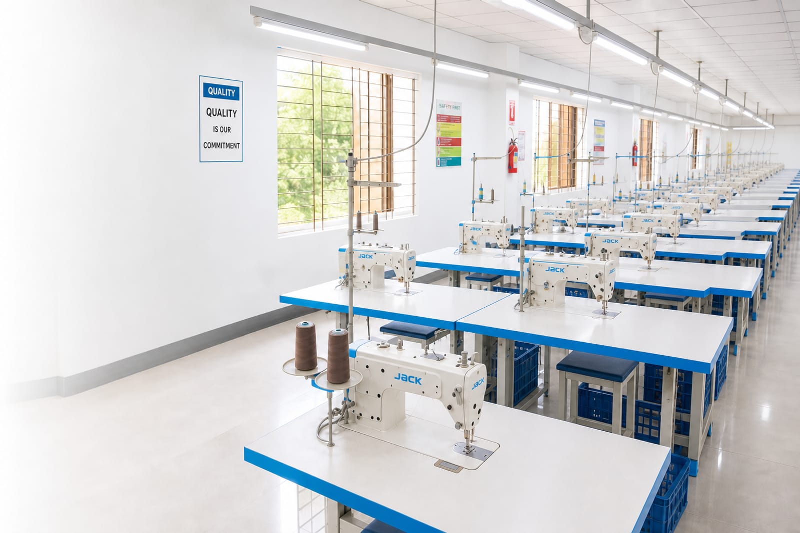 H & MR production units — modern industrial sewing machines on a bright empty factory floor