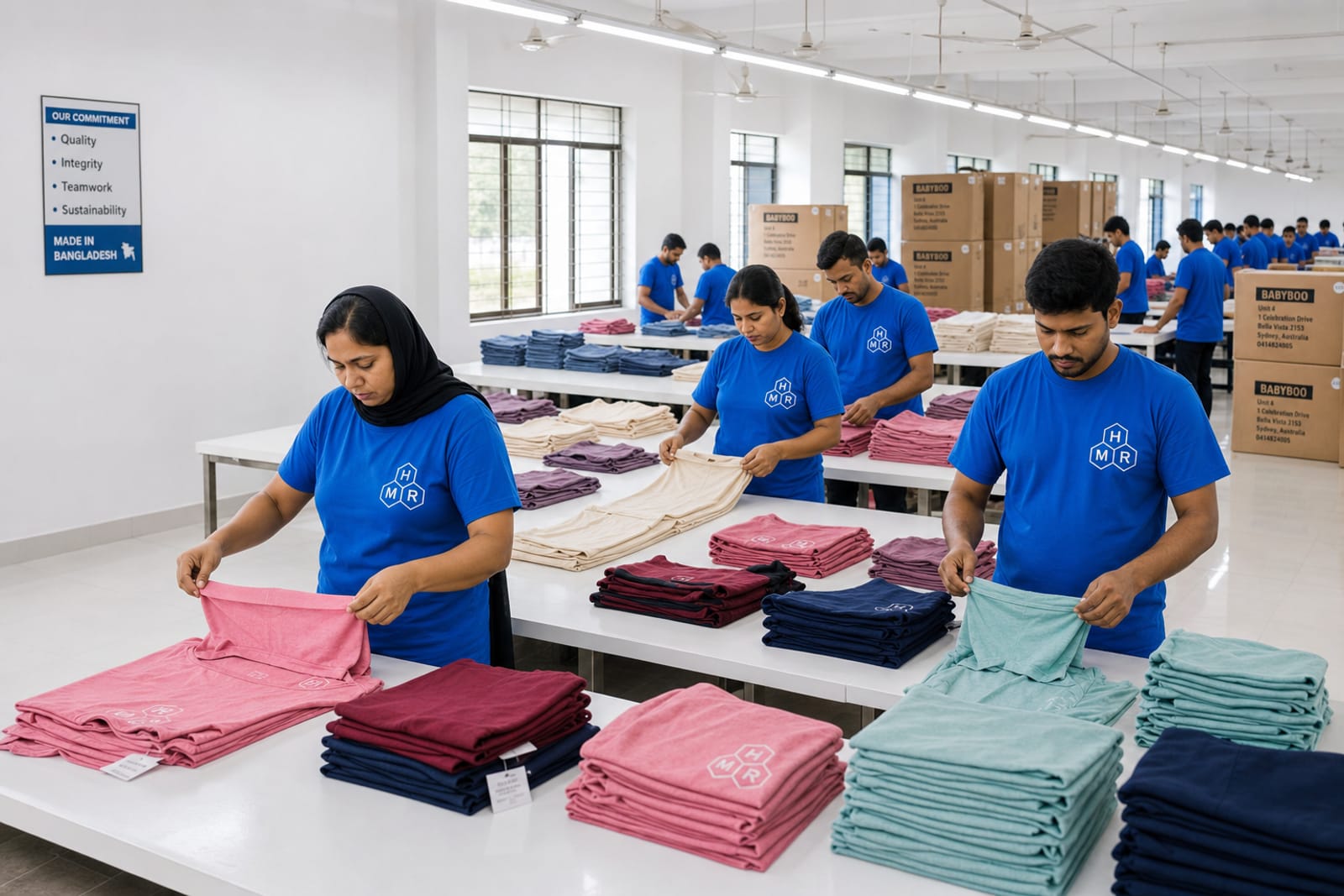 H & MR Supply Chain finishing floor — team in logo T-shirts folding finished garments for packing
